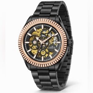 Invicta Objet D Art Men’s Skeleton Dial Automatic Watch Black/Gold; New with box